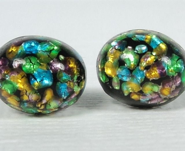 Vintage Cherry Brand 1940s/1950s Japanese black glass with metallic multi-colored foil inclusions studs post earrings
