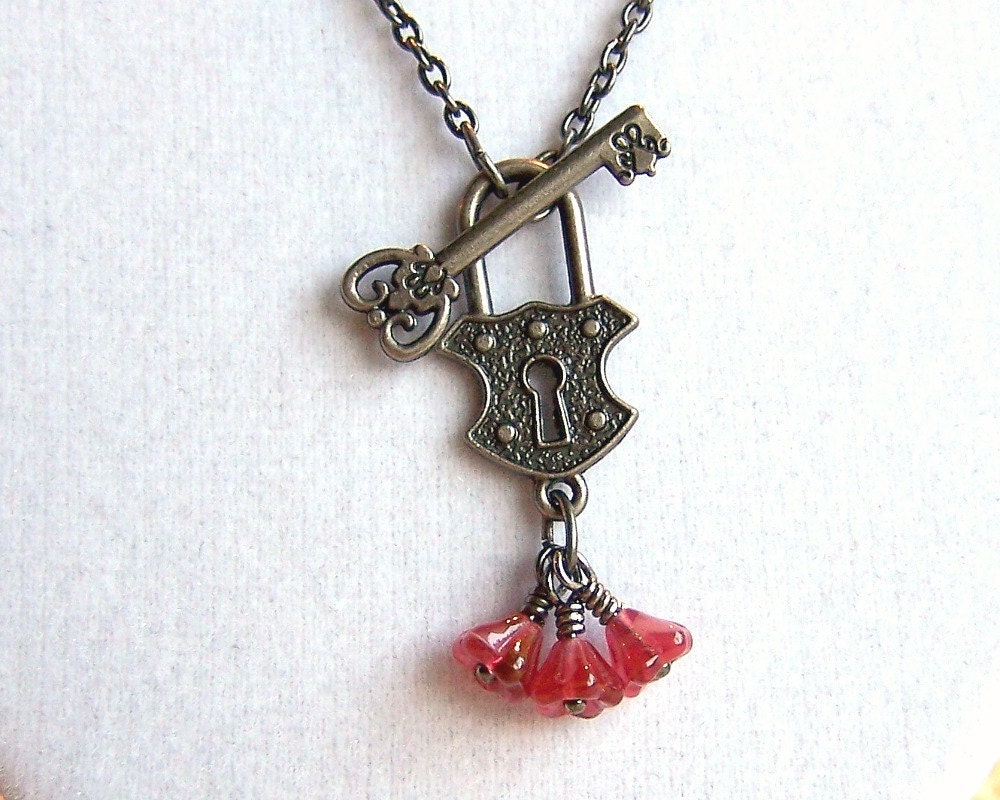 Lock and Key Necklace in Gunmetal with Raspberry Red Flowers - the key to my heart