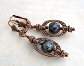 Faceted Peacock Pearl Steampunk Earrings - Antique Copper Gears & Saturn Rings accent these Black Pearls Earrings