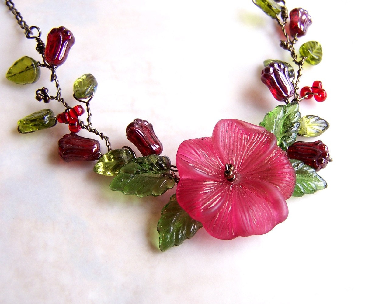 Red Flower Necklace left by the Fairies - Twisted Wire Necklace