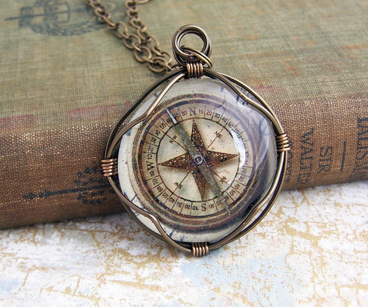 Compass Pendant of wire wrapped glass to keep you pointed in the right direction - Steampunk Jewelry - Pirate Inspired