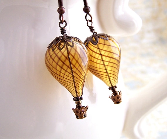 Hot Air Balloon Earrings - Steampunk balloon earrings in blown glass and copper  - Hot Air Balloon Jewelry - Steampunk Earrings