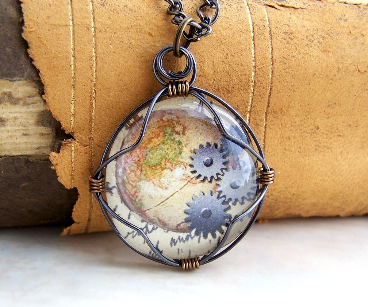 Steampunk Map Pendant: the globe with gears under a glass cabochon - steampunk necklace