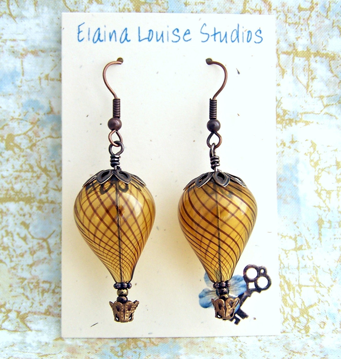 Hot Air Balloon Earrings - Steampunk balloon earrings in blown glass and copper  - Hot Air Balloon Jewelry - Steampunk Earrings
