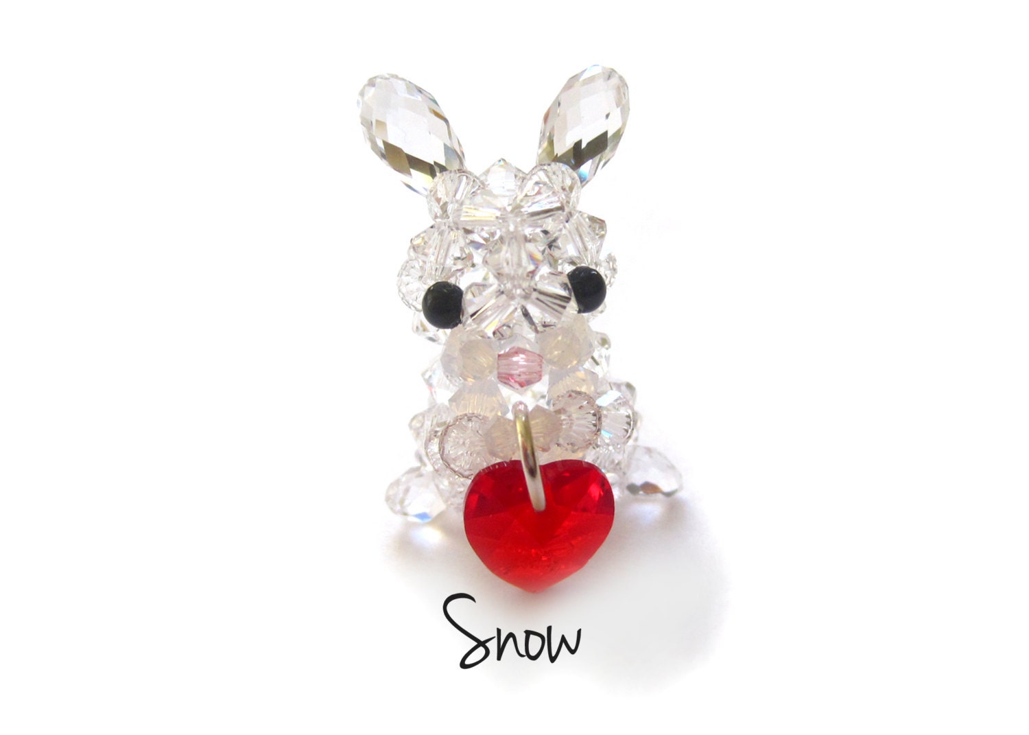 Snow the White Love Bunny - Red Heart Swarovski Crystal Beaded Miniature Rabbit Figurine / Phone Charm