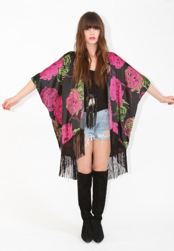 Reserved floral Duster with black long fringe