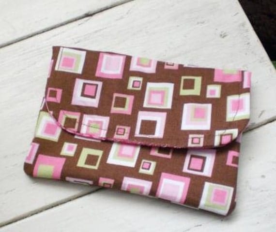 Fabric wallet, brown, pink, geometric, squares velcro, pockets, lined, womens, teens, accessories, ready to ship, handmade