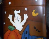 Hand Painted Halloween Rusted Tin Wall Pocket - Ghost Pumpkin Birdhouse