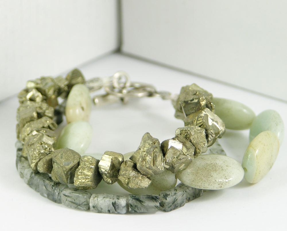 Bracelet gemstone sterling silver pyrite rutilated quartz jasper free shipping multistrand grey golden pastel blue