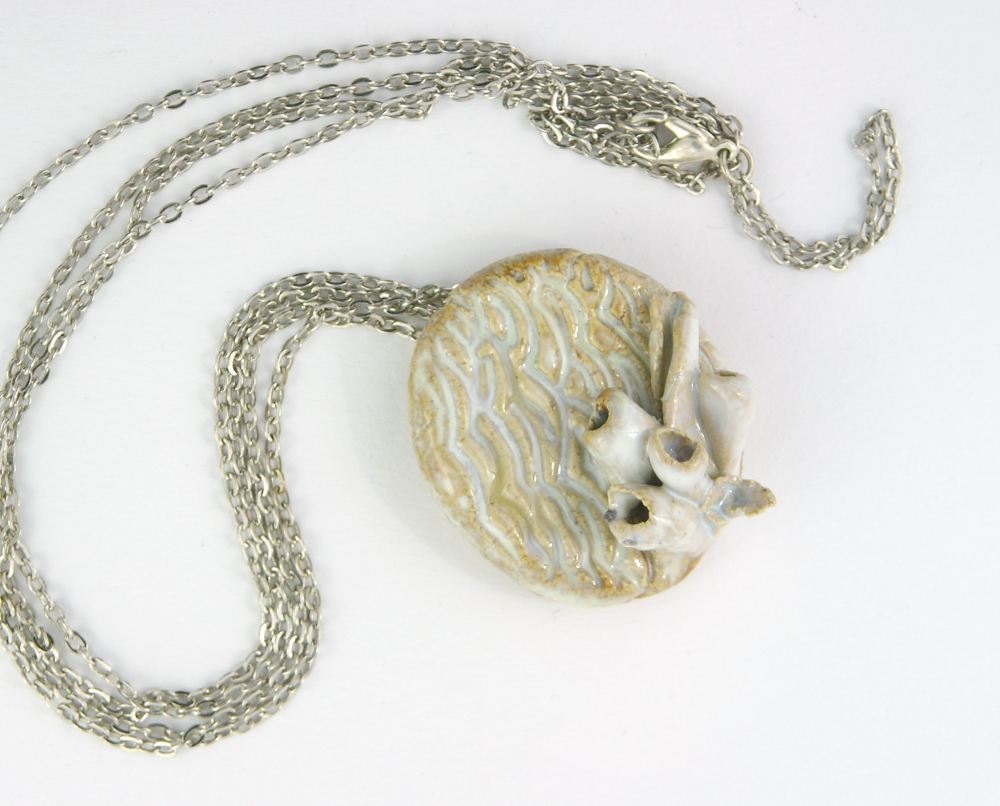 necklace choker ceramic pendant silver chain organic nature fungi sea beach modern sea  white cream brown free shipping