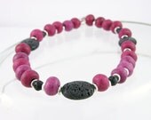 Necklace bold modern ceramic magenta cherry red silver lava rock black statement tribal teamt