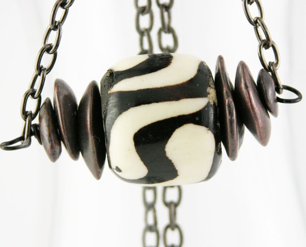 necklace unisex masculine batik bone bronze tone chain african ethnic brown neutral tribal modern minimalist free shipping