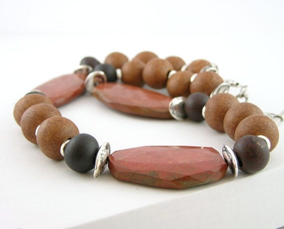 Necklace modern tribal bold silver ceramic ochre brown chocolate brown poppy jasper gemstone caramel brown statement flat slabs teamt