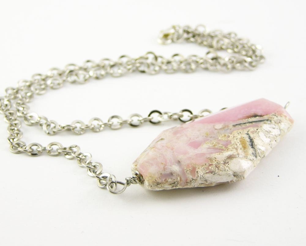 Necklace pink opal minimalist modern unisex gemstone silver tone chain free shipping