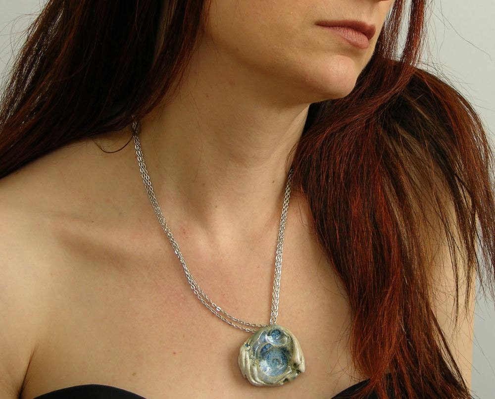 necklace choker ceramic pendant on silver chain organic nature modern swirl snail shell milky white blue sea beach free shipping