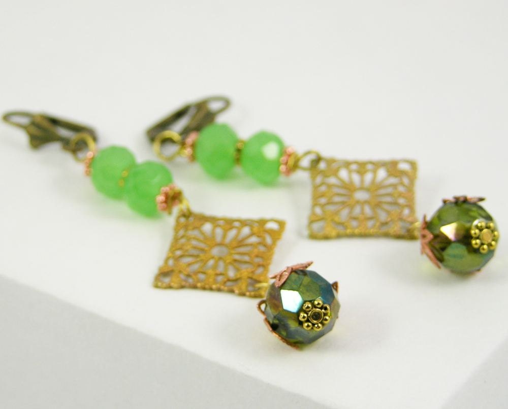 Earrings dangle vintage style antique gold copper czech glass filigree and crystal peridot and mint aqua green shabby chic free shipping