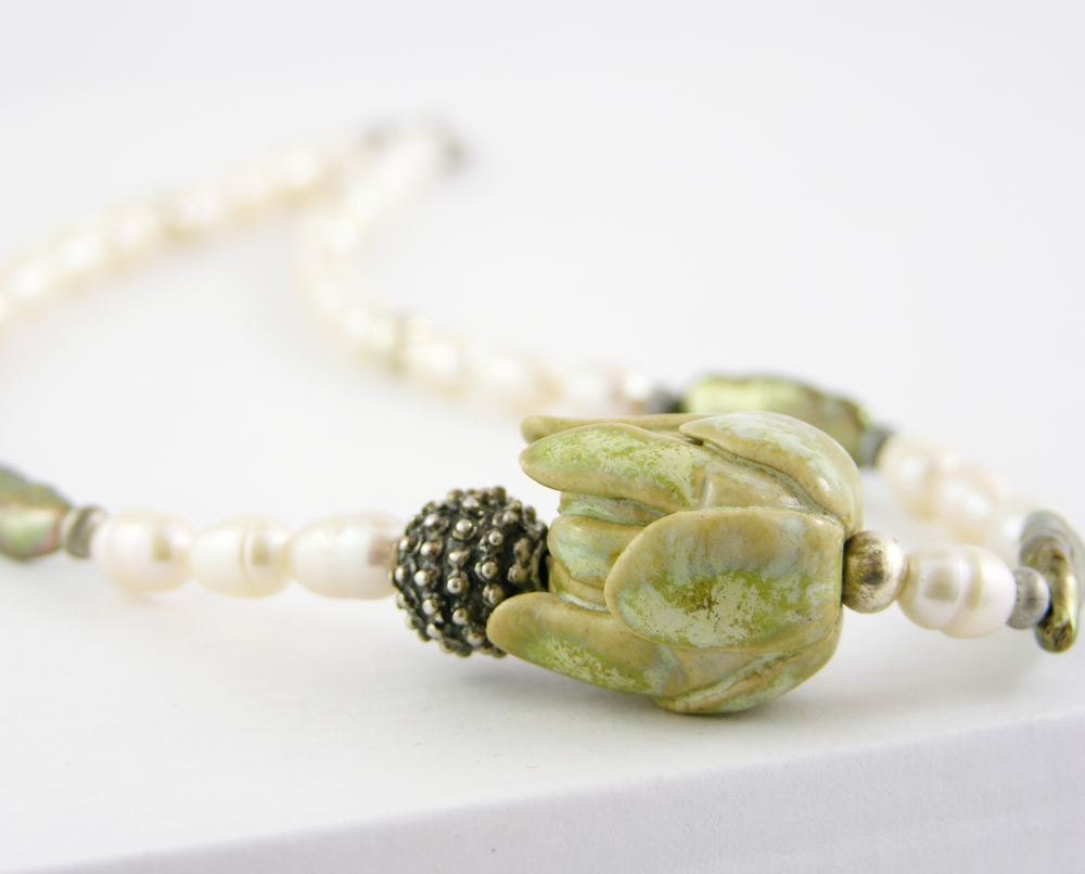 Necklace cream rice pearls ceramic pastel sage green flower bud romantic wedding bride silver valentines day vintage style teamt