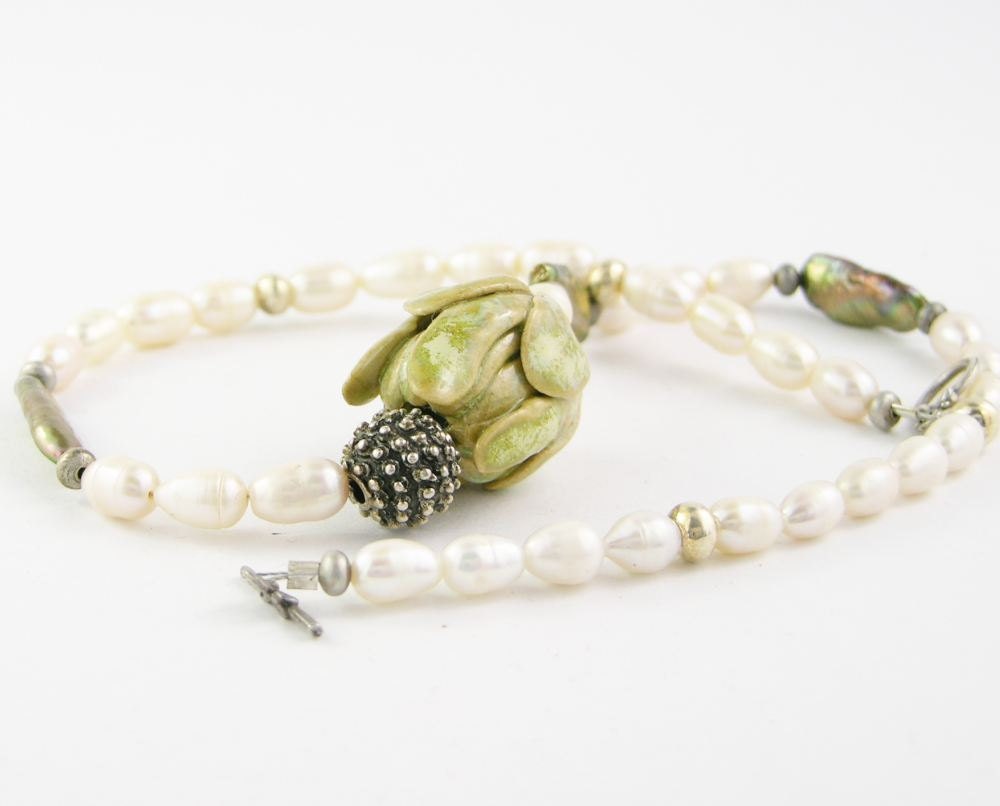 Necklace cream rice pearls ceramic pastel sage green flower bud romantic wedding bride silver valentines day vintage style teamt