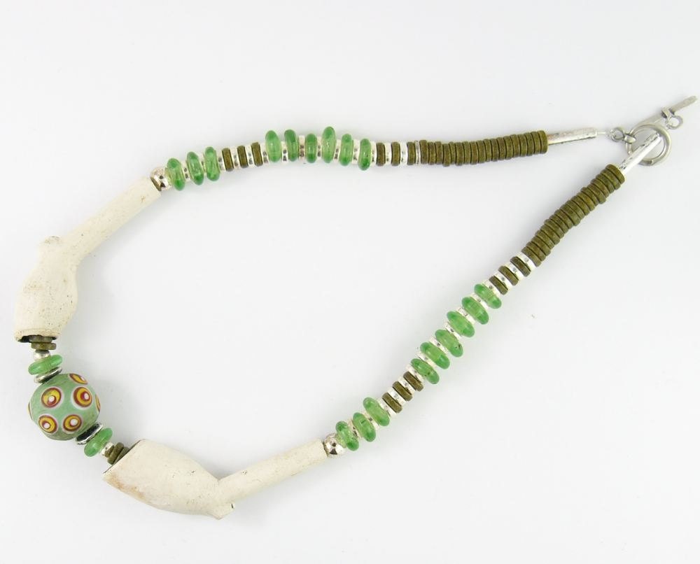 necklace silver ceramic african glass repurposed old dutch pipes aqua olive green tribal ethnic inspired unisex modern