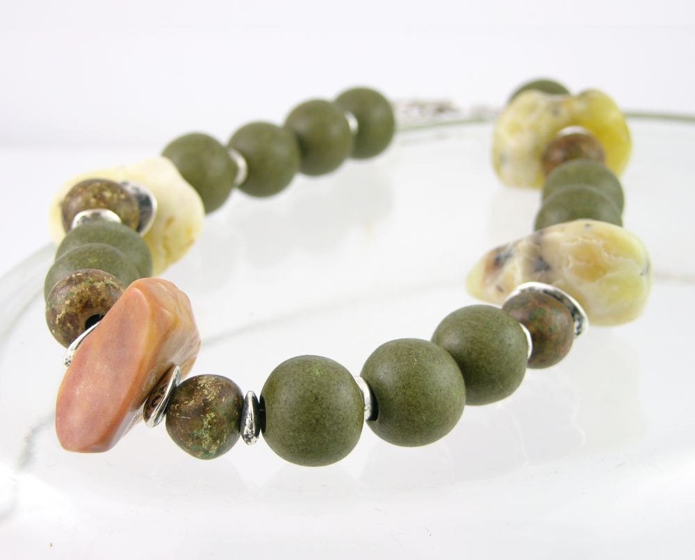Necklace modern tribal bold silver ceramic olive green honey opal gemstone beeswax buttercup statement chunky