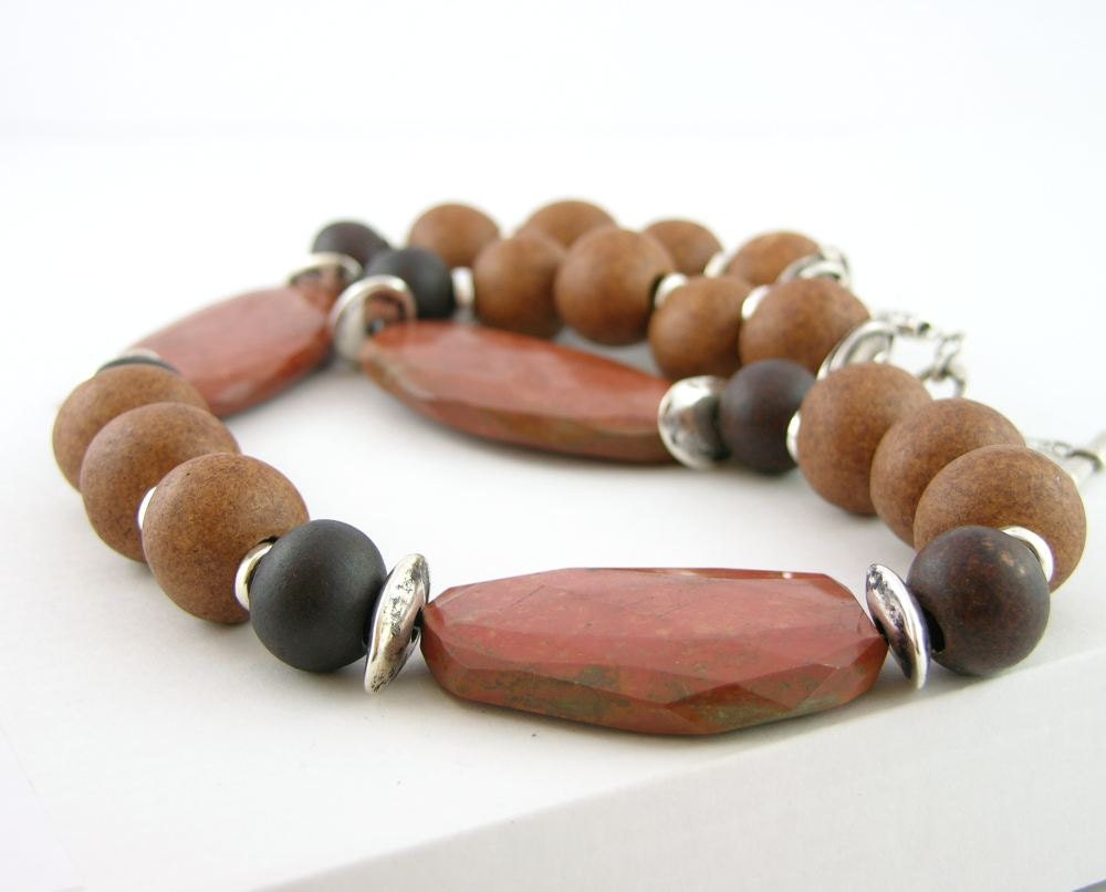Necklace modern tribal bold silver ceramic ochre brown chocolate brown poppy jasper gemstone caramel brown statement flat slabs teamt