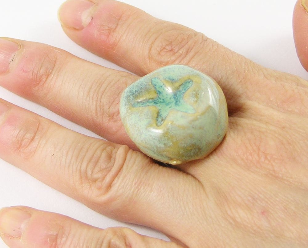 ring adjustable aqua olive green glazed ceramic pastel organic nature modern sea starfish star beach free shipping