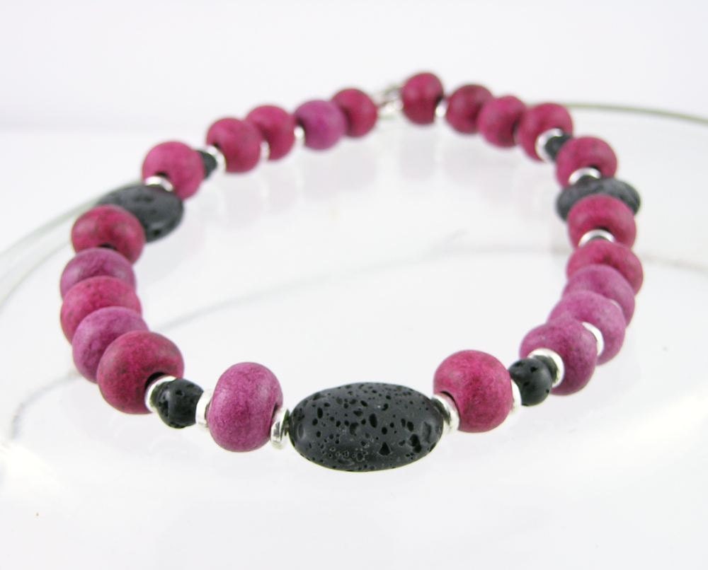 Necklace bold modern ceramic magenta cherry red silver lava rock black statement tribal teamt