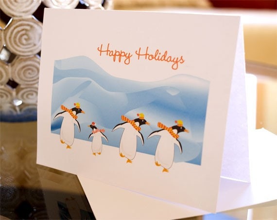 Holiday Card - Greeting Card - Happy Holidays - Merry Christmas - Happy New Year -  Dancing Penguins