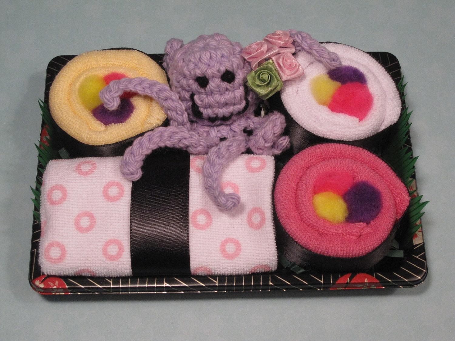 Baby Girl Sushi - Shower Washcloth Gift - Purple Octopus and Chopsticks