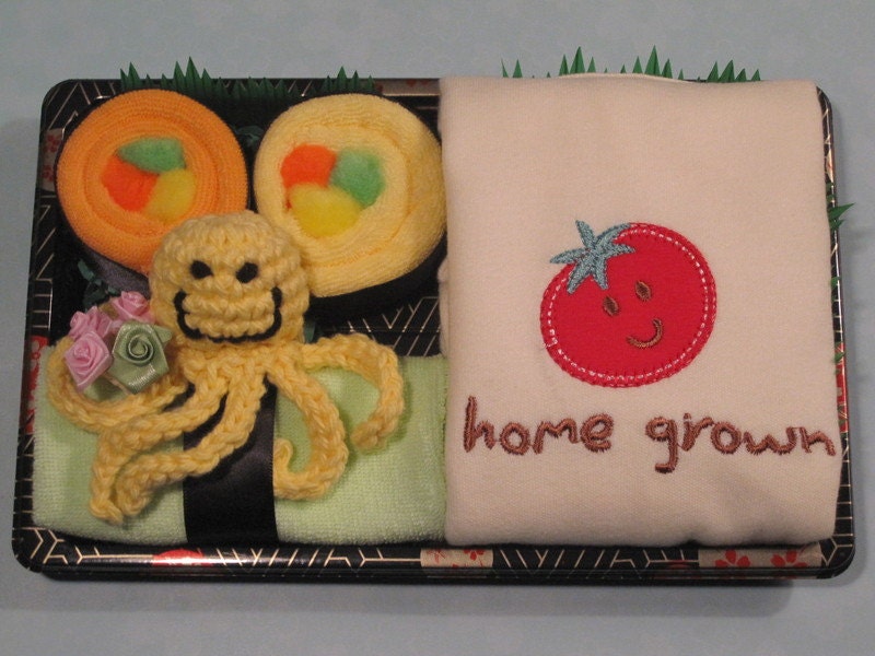 Baby Washcloth Sushi & Onesie Combo Gift Set - Home Grown Organic Tomato - Yellow Octopus