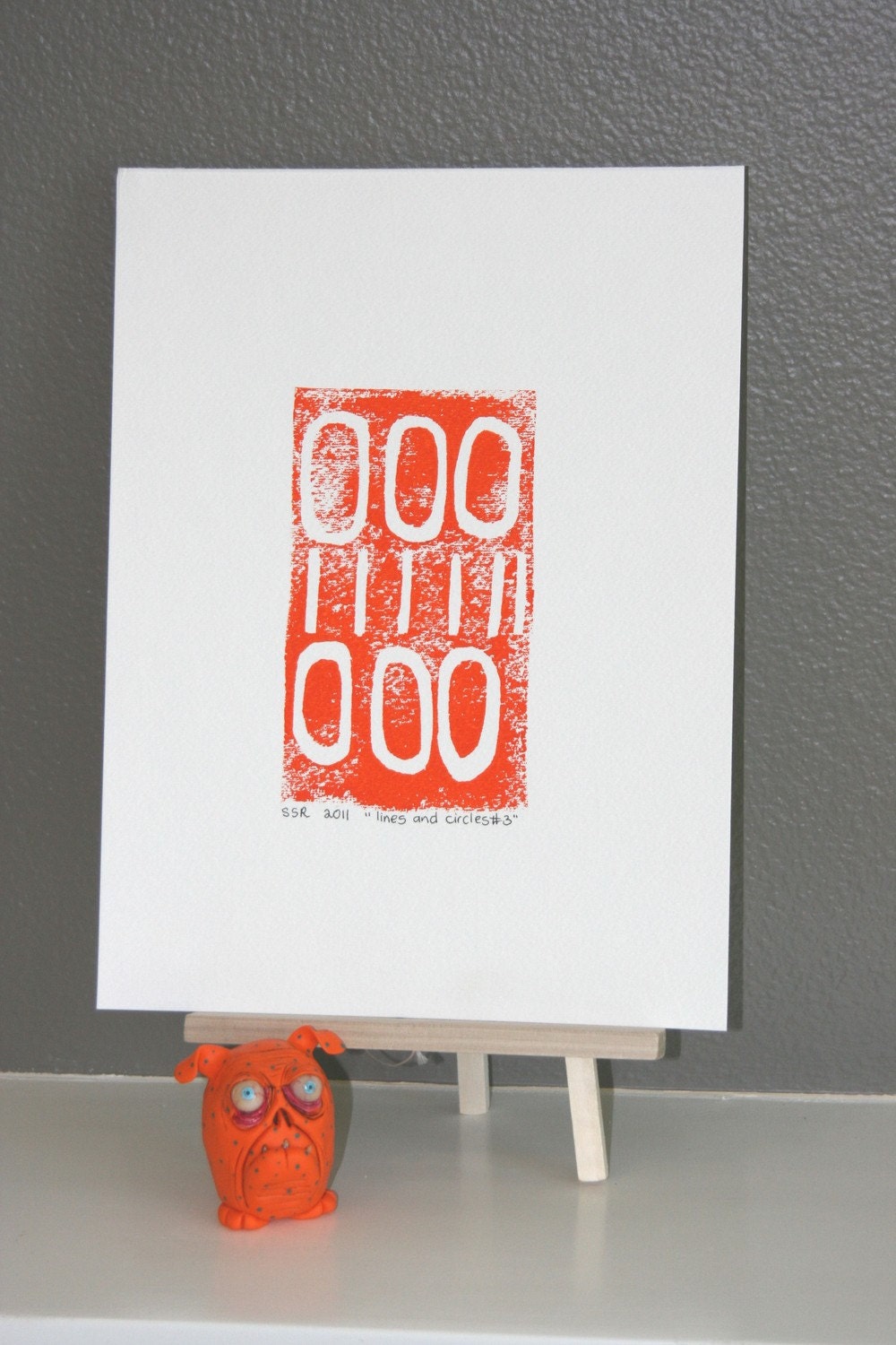 Industrial Orange modern art Linocut PRINT - Orange Lines and Circles linocut 9x12
