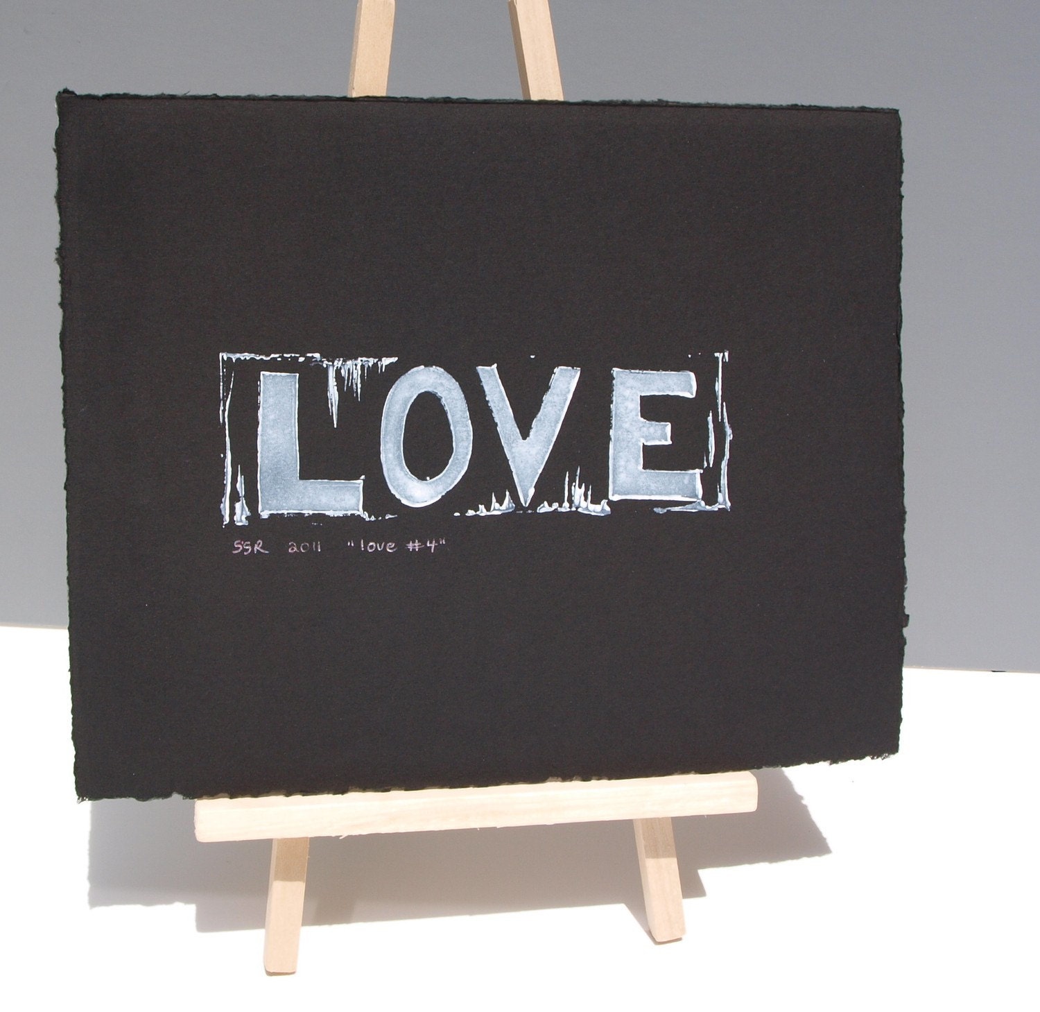LOVE Art Linocut Art Poster - LOVE in White on Black Paper 8x10