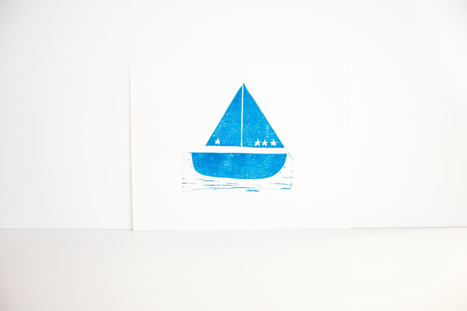Nautical Sailboat for a Little Boy's Room Art Linocut PRINT - Ocean Blue Sailboat linocut 9x12