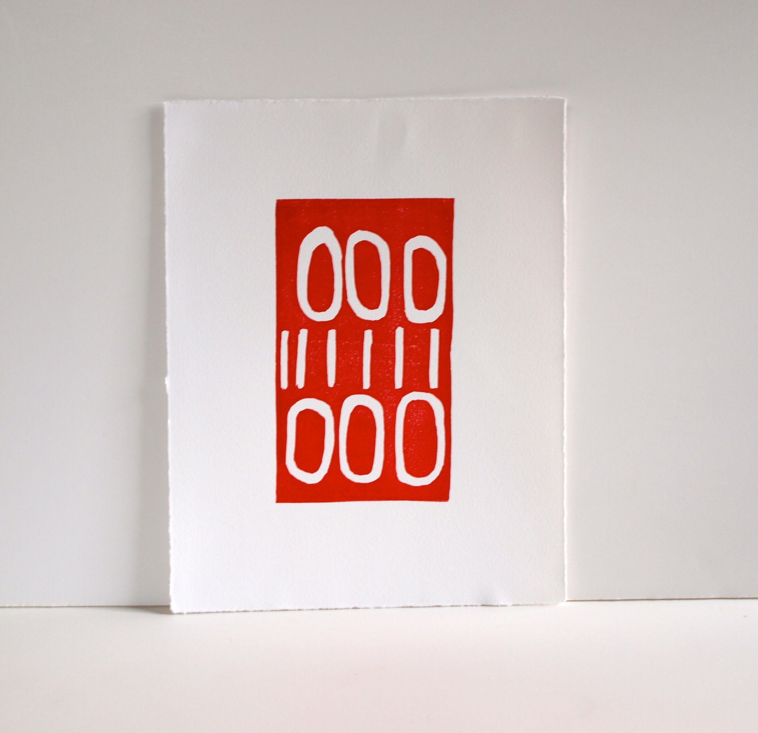 Modern Industrial Design Linocut Print in Red and White Lines and Circles 8x10 printmaking