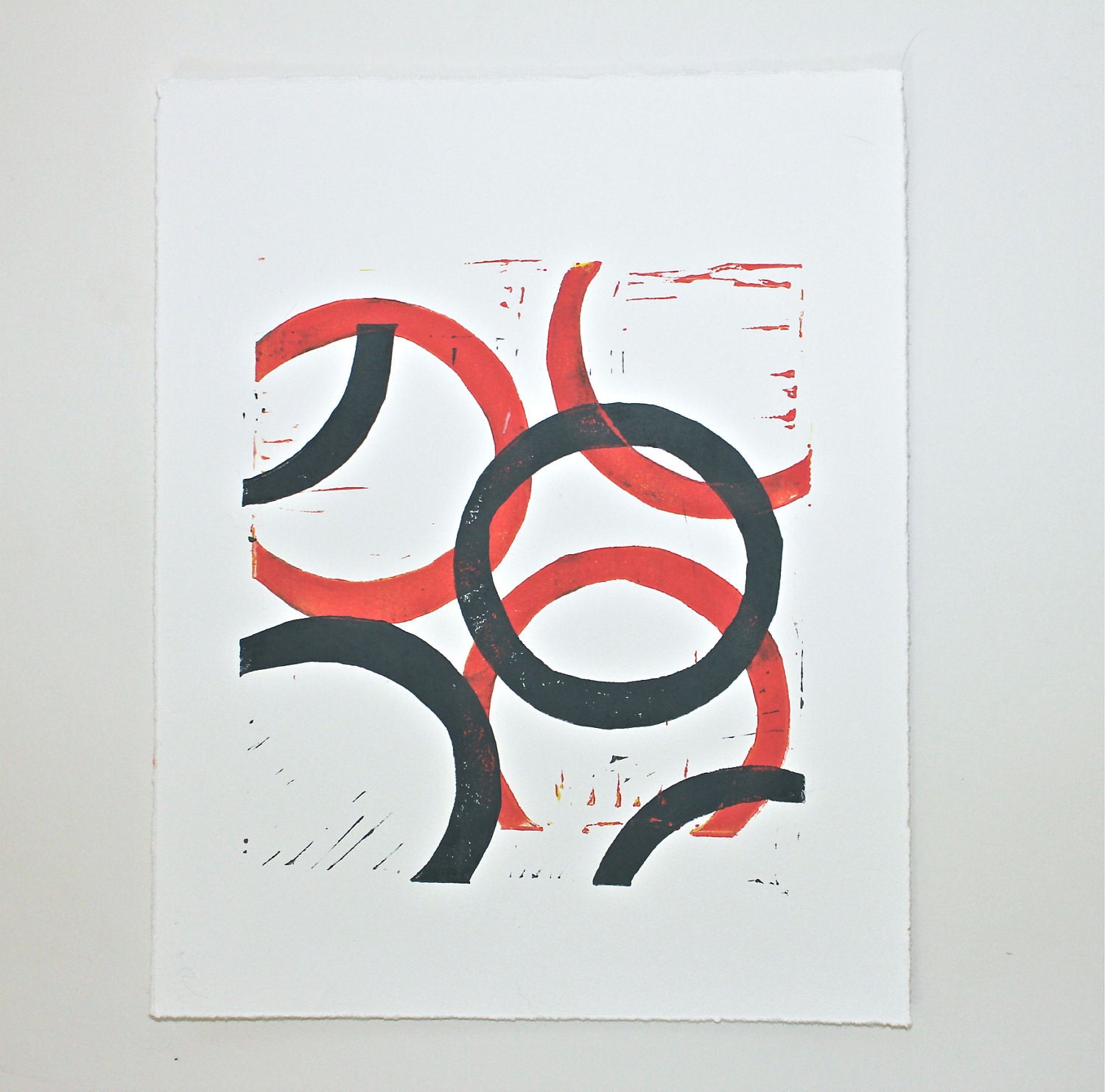 Coral and Gray Mid Century Modern Art linocut print 8x10