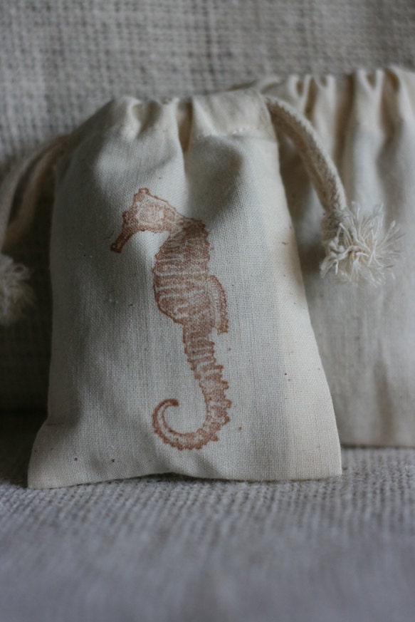 muslin gift bags SeAHoRse x10, wedding muslin favor bag, baby shower favor, goody bag for baked goods,soaps,candies