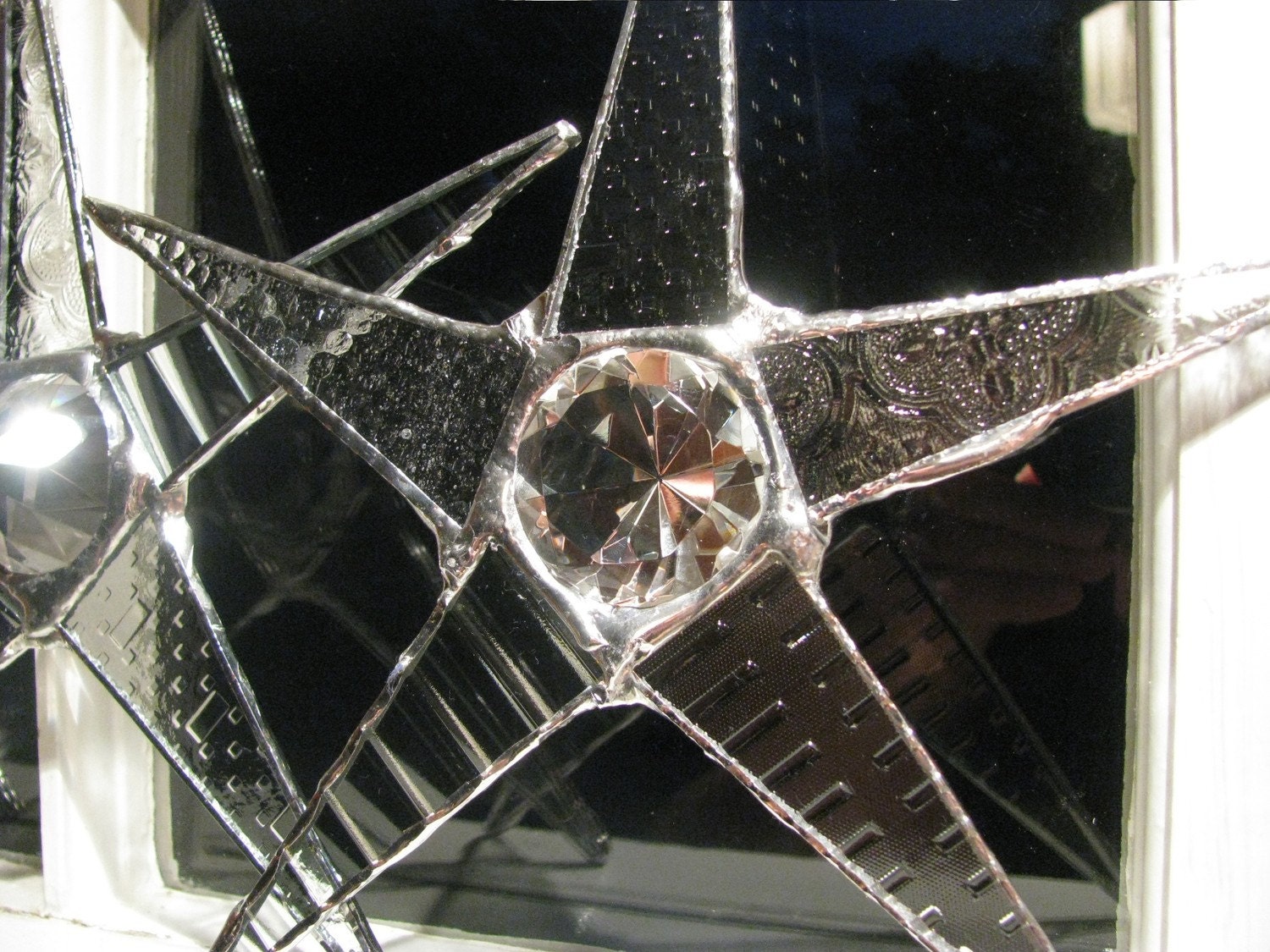 Lucy In The Sky -clear patterned stained glass star with rainbow prism center