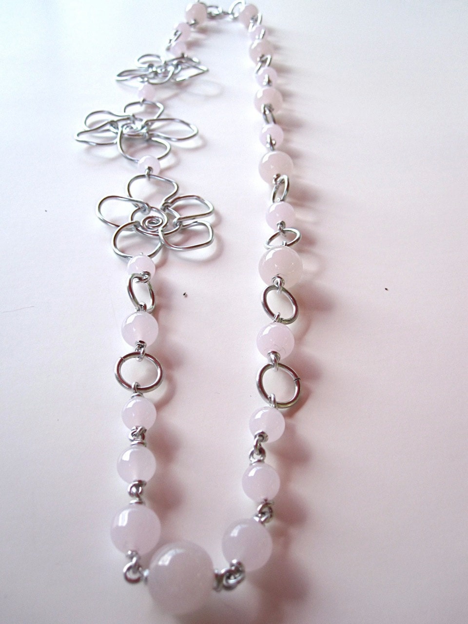 Long Pink Necklace with Silver Wire Flowers