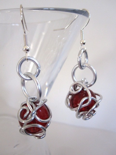 Red and Silver Dangle Earrings