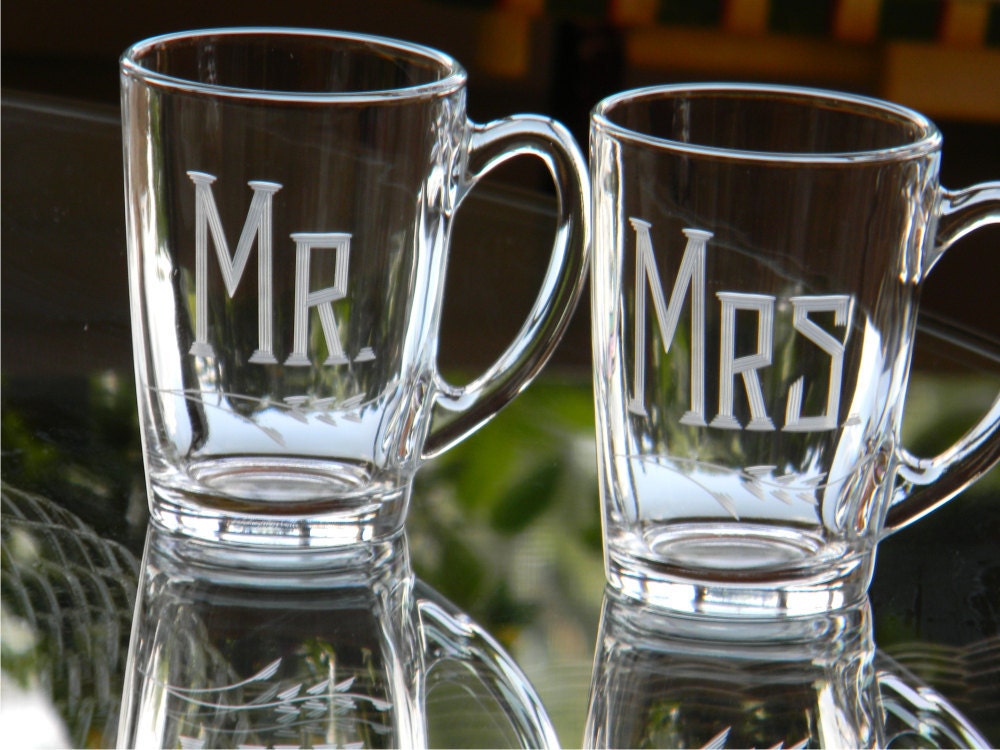 Personalized MR and MRS Hand Engraved Green Tea / Coffee Mug Wedding Gift, Set of 2