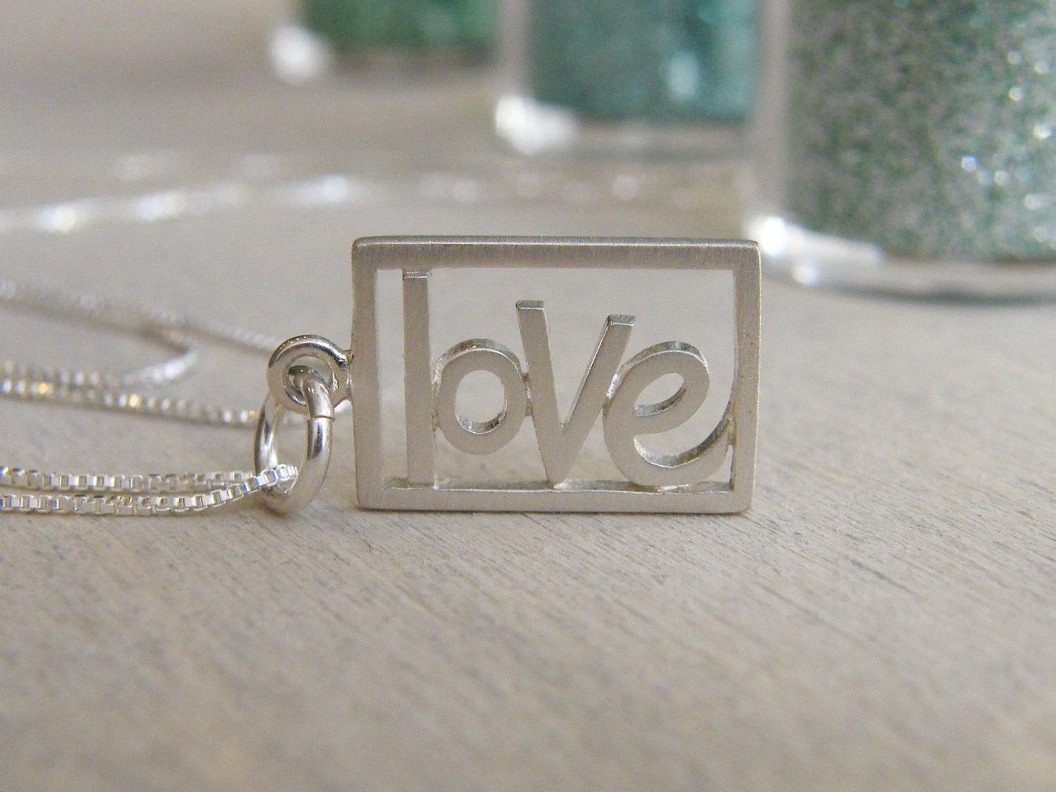 love charm sterling silver word cut out pendant necklace brushed finish