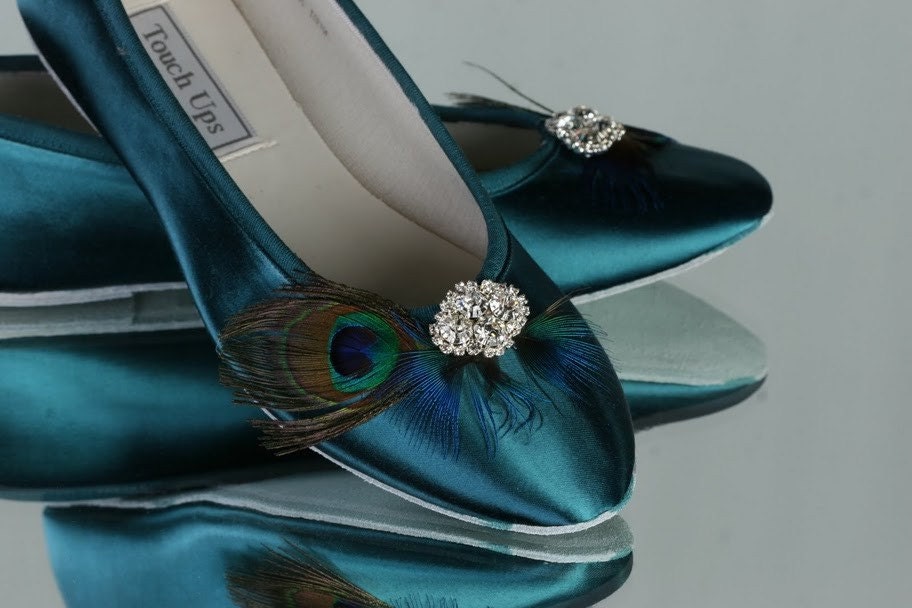 Womens Satin Ballet Bridal Flats Slippers Peacock Teal Shoes...Your choice Of Rhinestone Bling...Flats...Available in Over 100 Colors