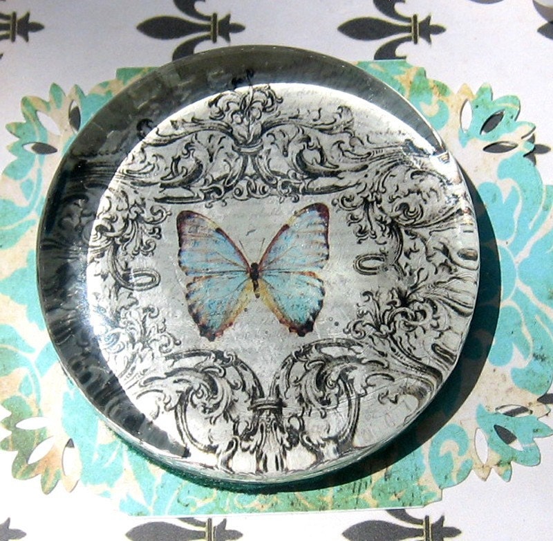 French Butterfly Glass Paperweight swirled with toile