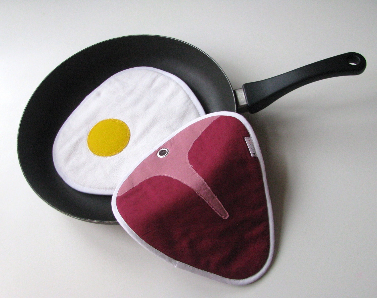 juicy steak and fried eggs potholders - fun potholders - kitchen potholders - made to order