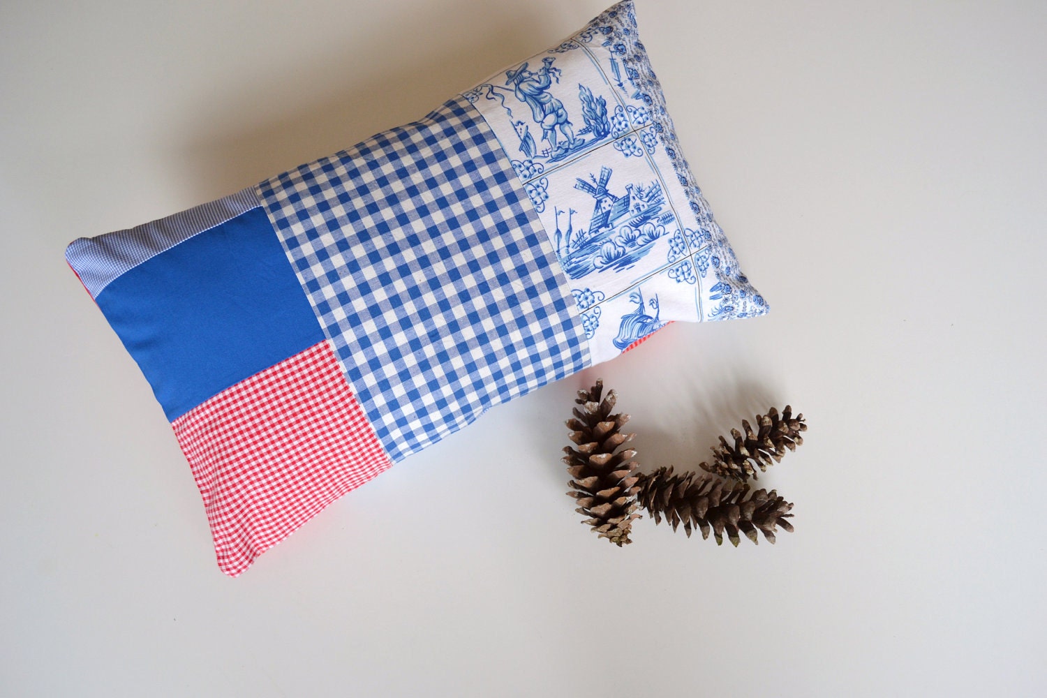 upcycled - red and blue folk lumbar pillow - cushion cover - patchwork pillow - 12x20 - ostat