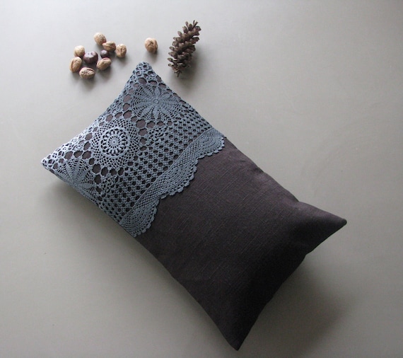 black linen cushion lumbar pillow - cushion cover - hand dyed doilly - ostat