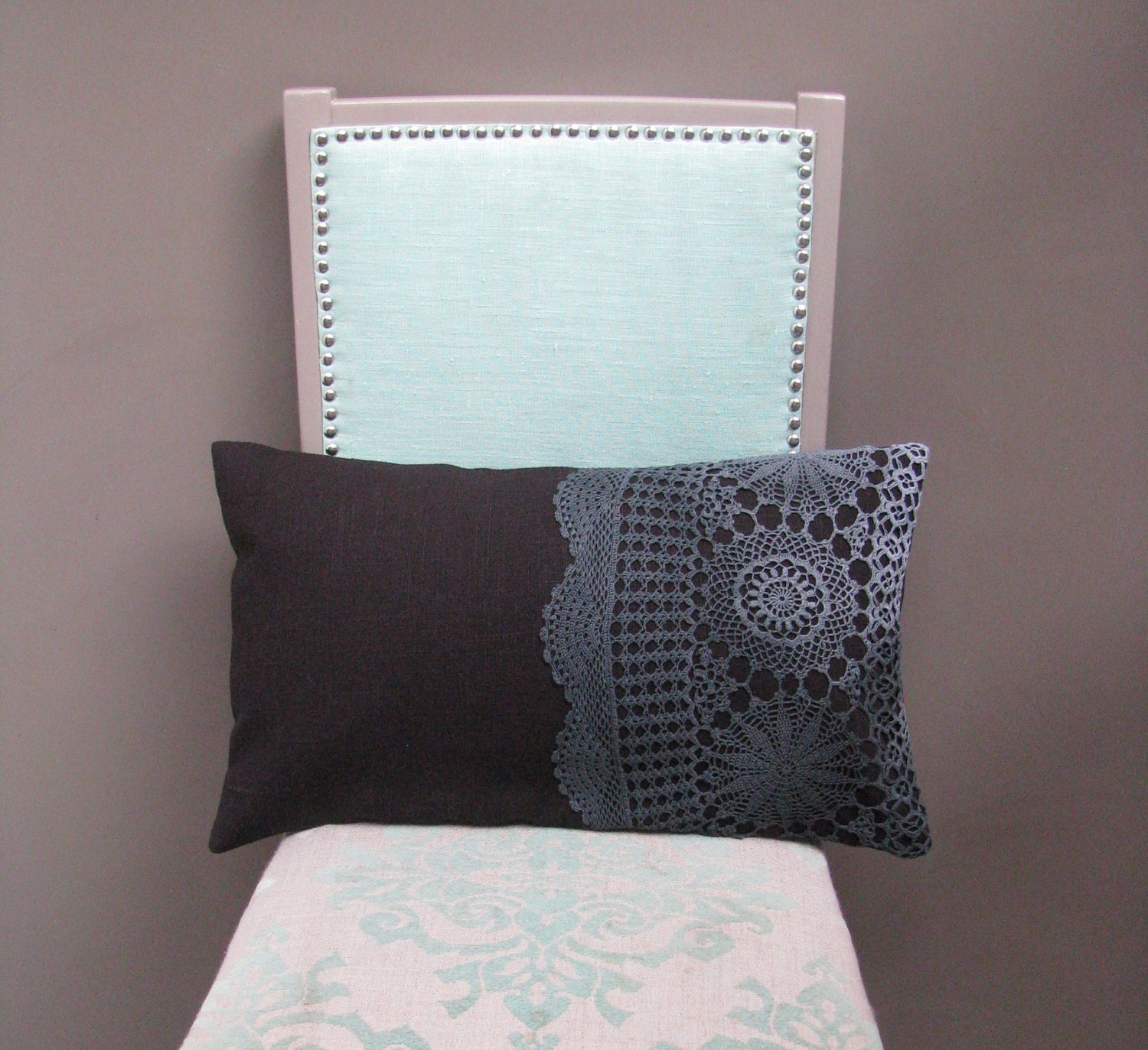 black linen cushion lumbar pillow - cushion cover - hand dyed doilly - ostat