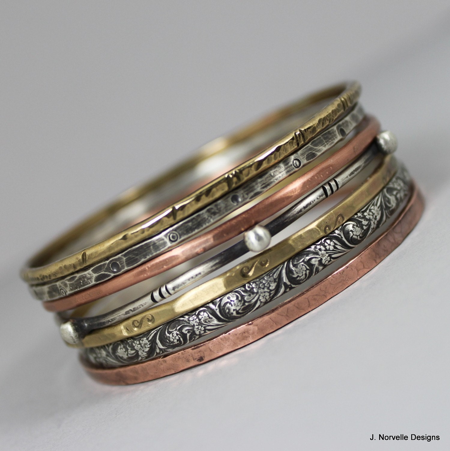 Mixed Metals Jewelry - Bangle Bracelets - Sterling Copper Brass Bangles - Handmade Artisan  Bohemian Bracelets - Stack of 7