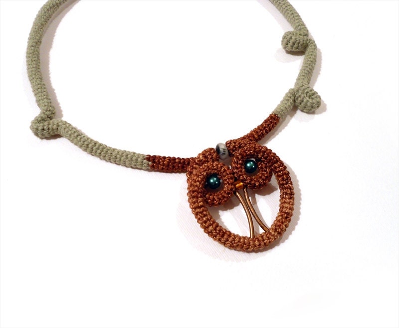 Exotic Crochet Necklace Brown Owl - Olive Green Cable Choker - vanessahandmade