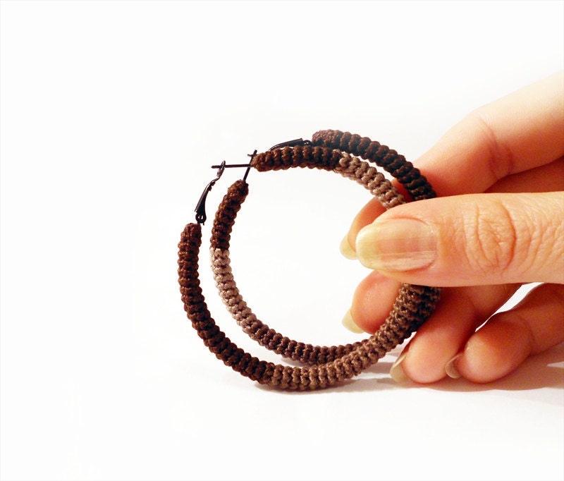 Crochet Tube Hoop Earrings, Geometric Earrings, Minimalist Jewelry, Chocolate Brown